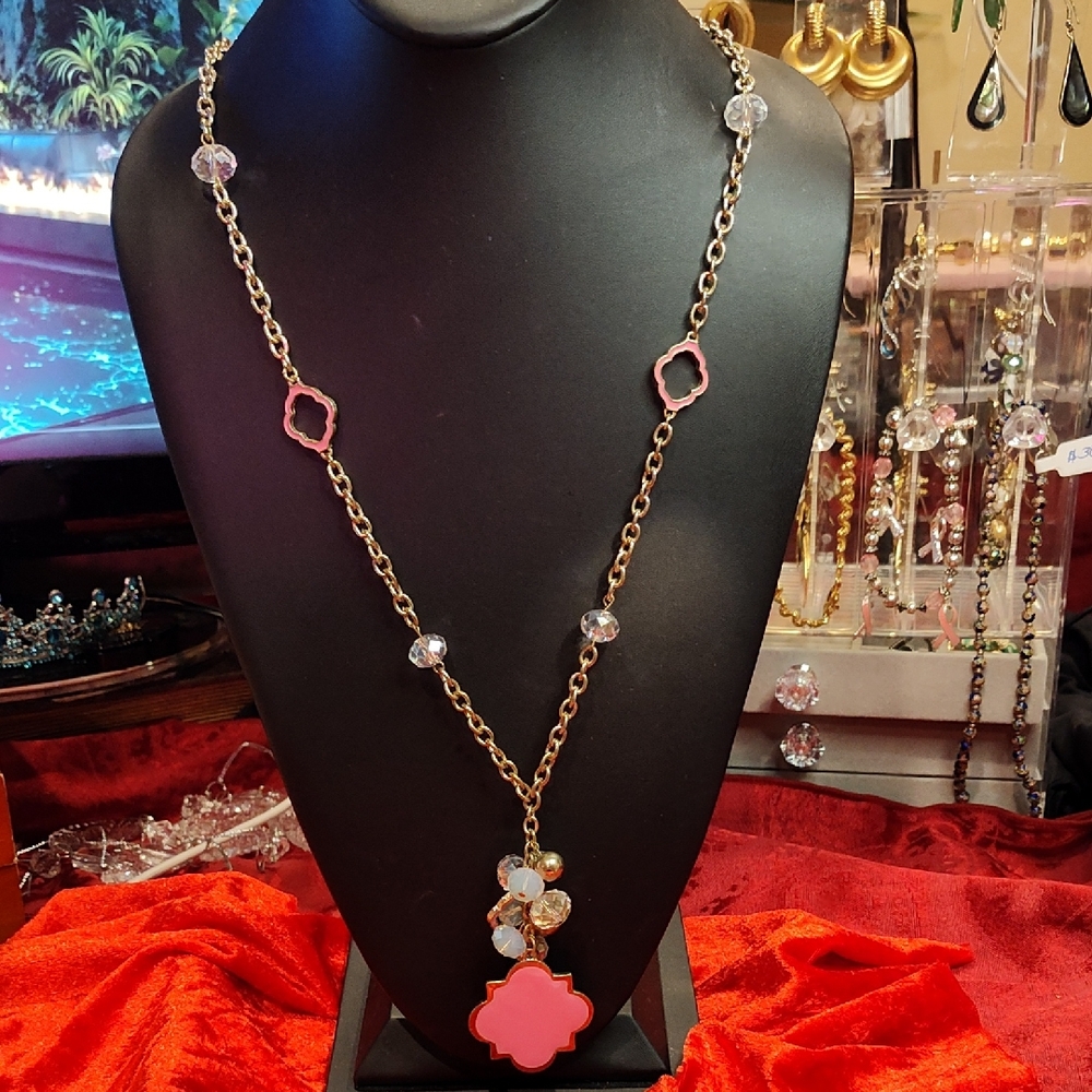 Elegant Gold Tone Crystal and Enameled Pink Charm Pendant Necklace 27 Inches